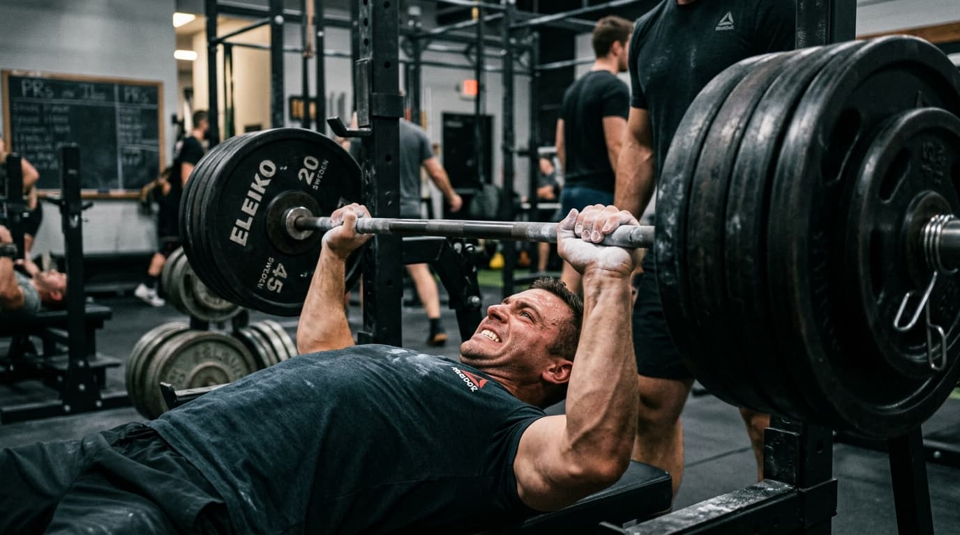 Lifter bench pressing a heavily loaded barbell with chalk on hands and a spotter