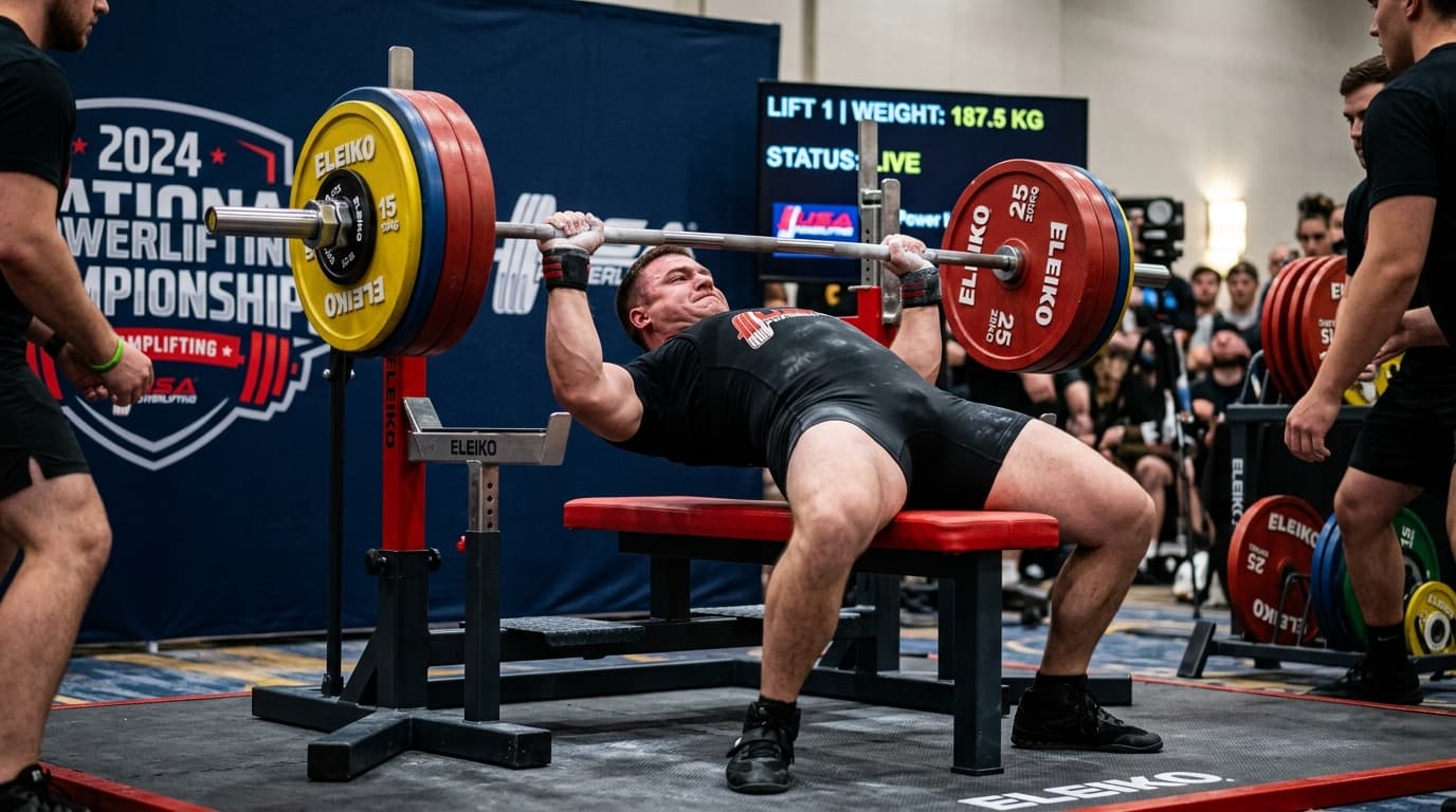 Competitive powerlifter performing bench press with calibrated competition plates