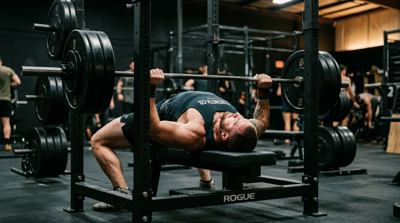Lifter setting up arch and grip on a Rogue bench press rack